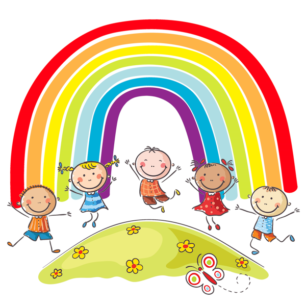 Hüpfende Kinder unter einem Regenbogen